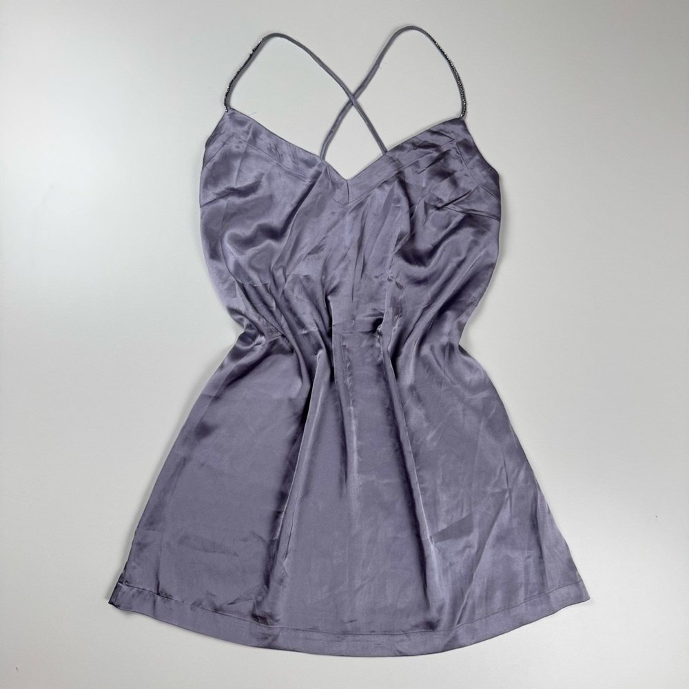 Free People Purple Satin Slip Mini Dress Crystal Rhinestone Straps Size Medium